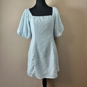 Mable Women's Light Blue‎ Textured Puff Sleeve Square Neck Mini Dress